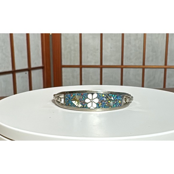 Taxco Mexico Jewelry - Taxco Bangle Bracelet Women OS Silver Good Vintage 925 Inlay Flower Mexico